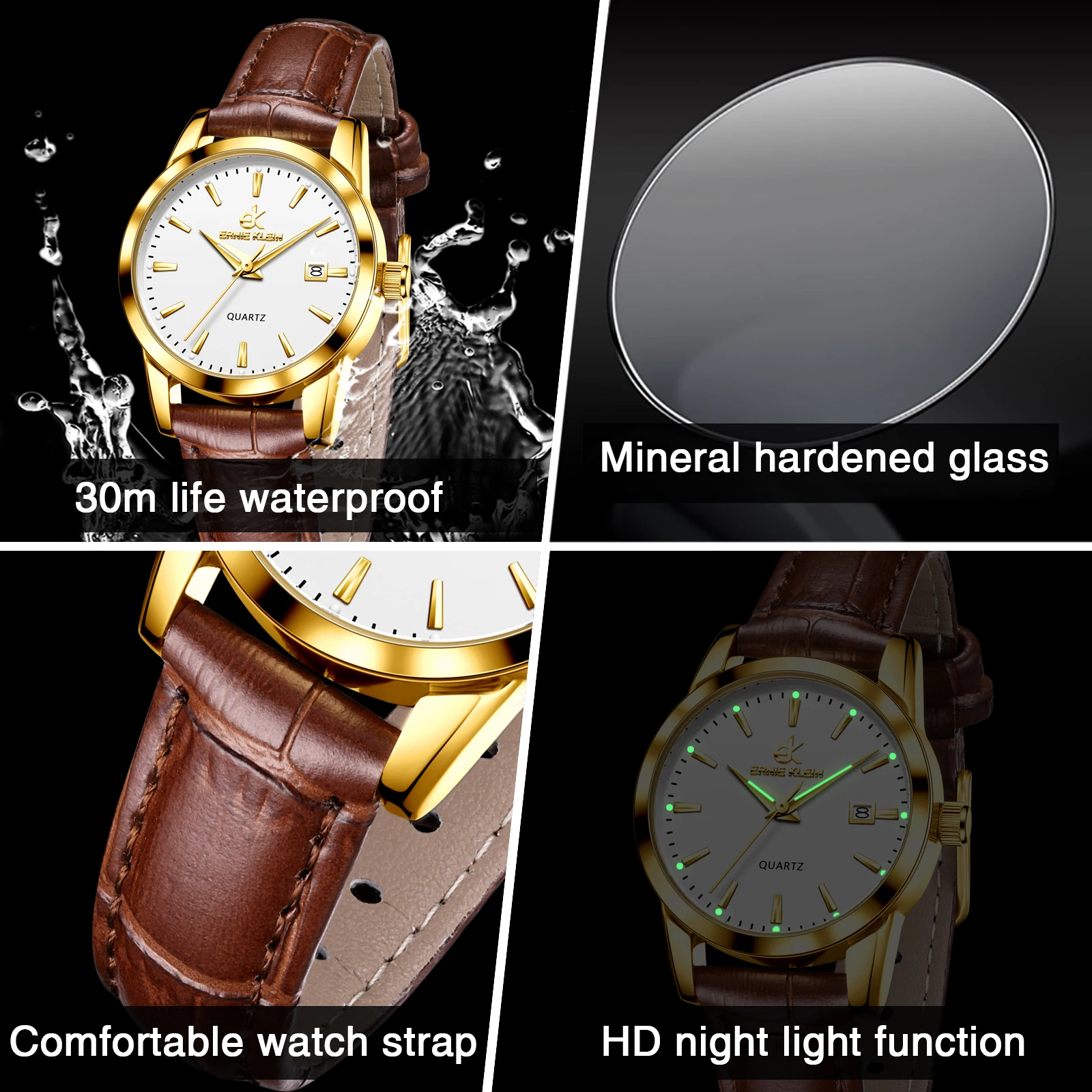 ERNIE KLEIN Watch for Women Top Brand Luxury Quartz Watches Leather Strap Waterproof Multi-function Luminous Ladies Wristwatch