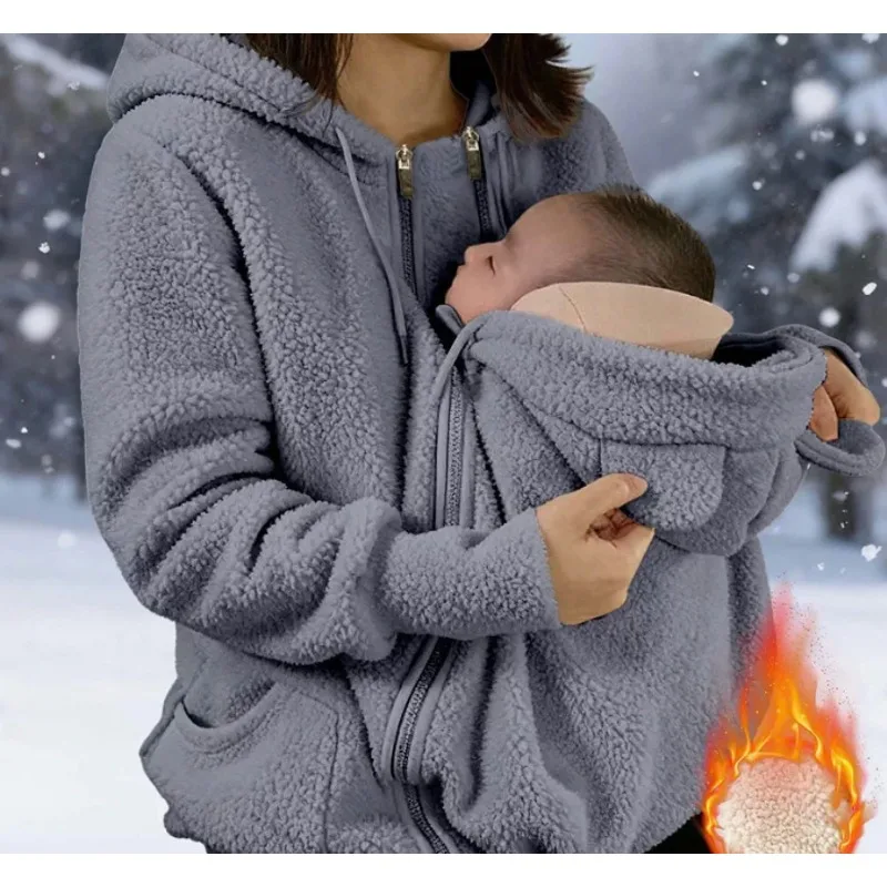 Thick Lamb Fleece Hooded Zip‑Up Coat for Mom, Oversized Loose Outerwear with Big Kangaroo Pocket, Warm Casual Jacket for Holding