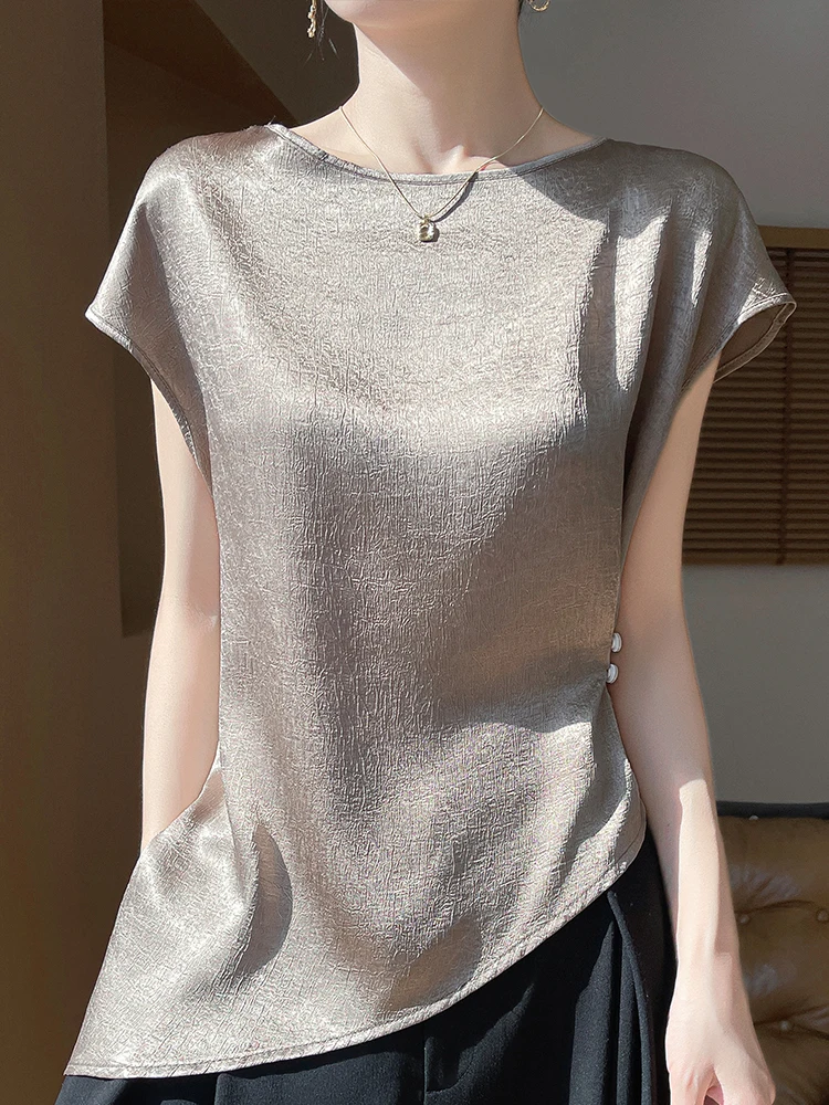 Smooth Satin Short Sleeve T-Shirt Women's National Style Shoulder Linked Flying Sleeve round Neck Base Top Irregular 3D Relief