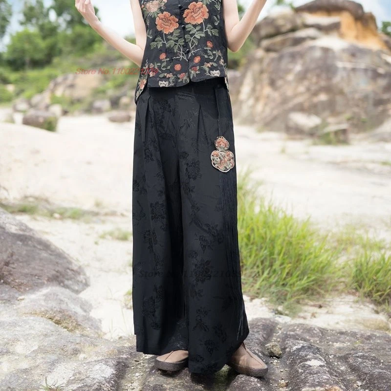 2025 السراويل الصينية خمر الوطنية زهرة التطريز قلادة مرونة الخصر السراويل الشعبية التقليدية الساتان الجاكار السراويل فضفاضة #3