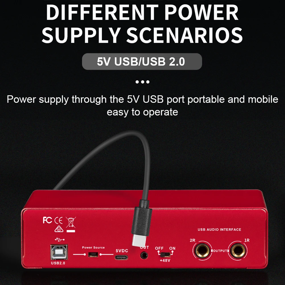 MD22 Portable Professional Sound Card 48V Phantom Power USB Audio Interface 24-bit/192 KHZ for Guitar Recording