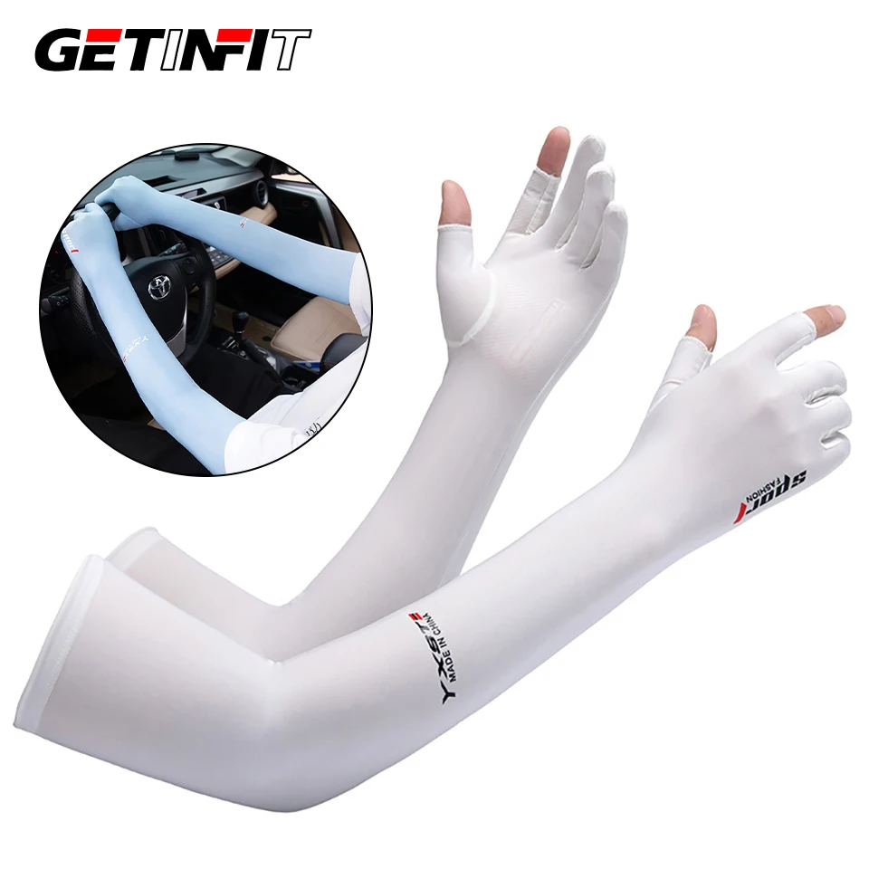 

GETINFIT 1 пара летних солнцезащитных рукавов-перчаток из ледяного шелка, дышащие, удлиненные, с открытыми двумя пальцами, для спорта и вождения
