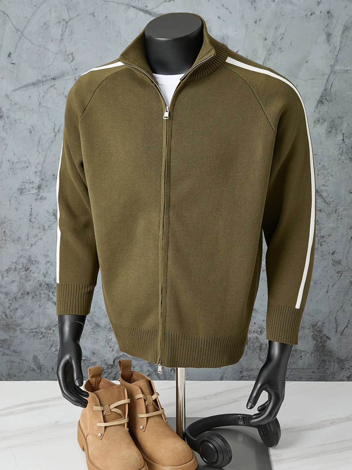 

Men's Thiened Double Zipper Collar Sweater Winter New Sle American Lazy Knitted Cardigan Striped Color Blo Open-irt