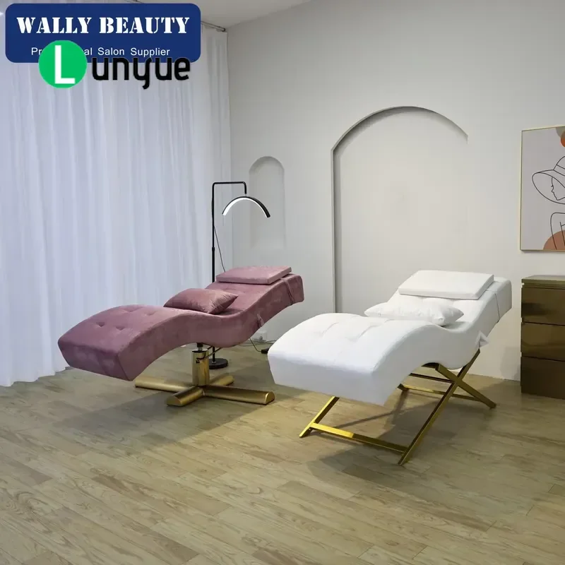 White PU Electric Beauty Bed Gold Metal Frame Facial Massage Chair for Eyelash Salons Spas Clinics Comfortable Recumbent