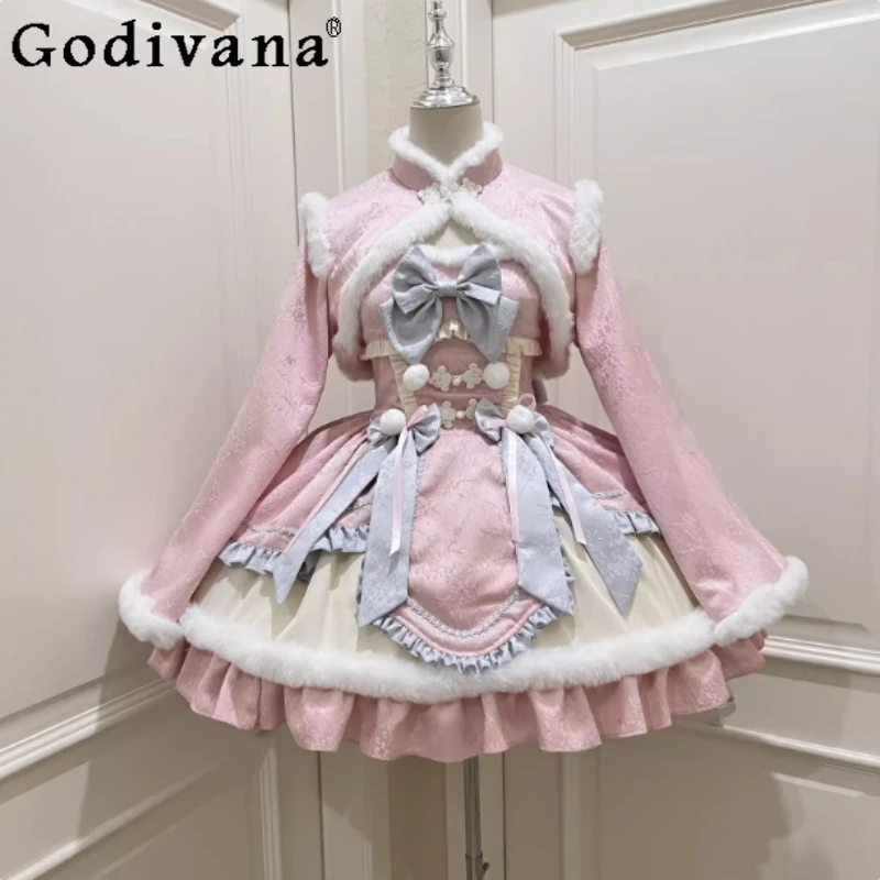 

Autumn Winter New Elegance Lolita Sweet Slash Neck Jsk Suspender Dress Cute Girl Bow High Waist A-line Princess Dresses Sets
