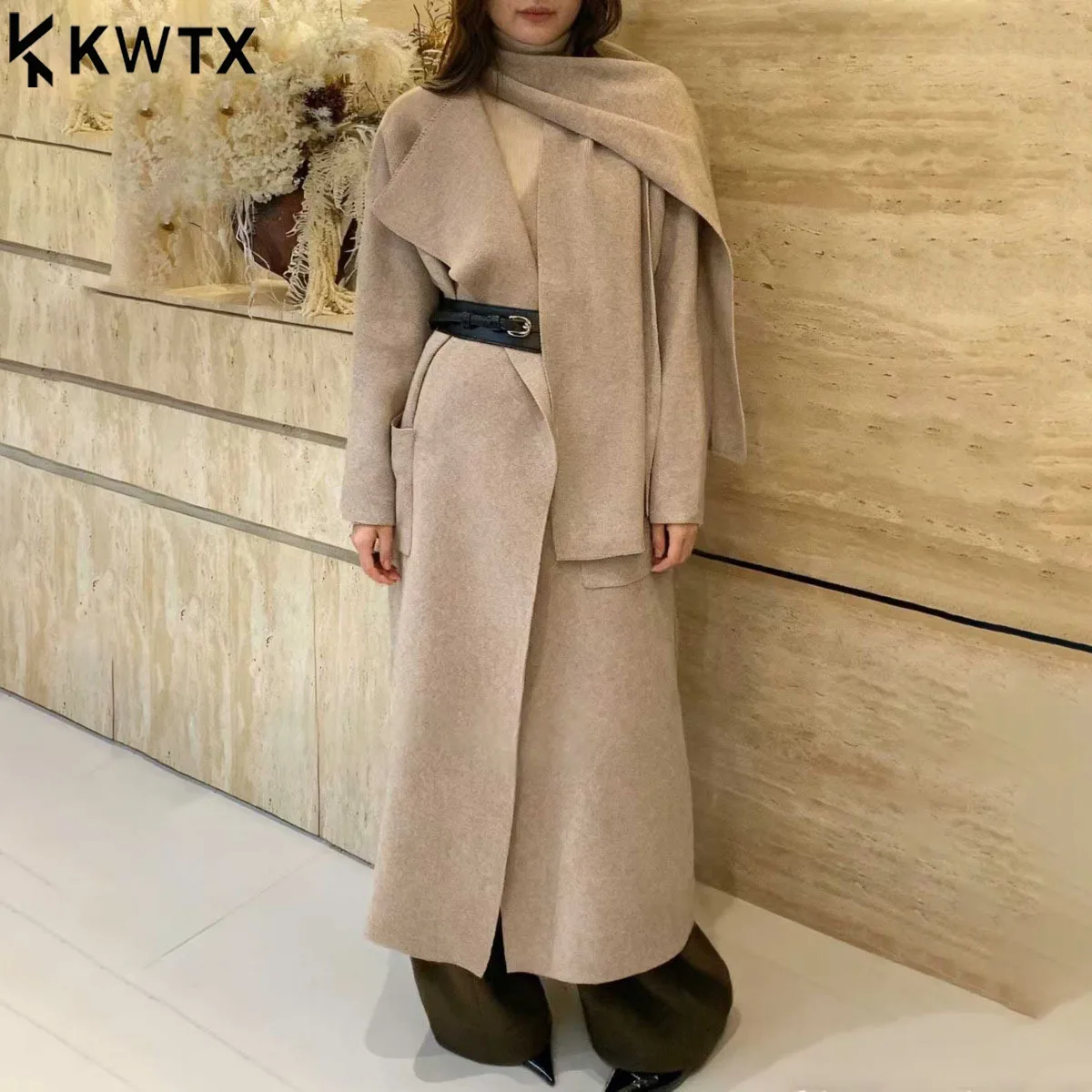 

KWTX, новинка 2025, однотонное полушерстяное длинное пальто, винтажное пальто с поясом и лацканами, шаль с карманами, элегантное повседневное зимнее удобное пальто премиум-класса