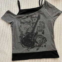 Y2k Slim Fit Print Tops Women Off Shoulder Short Sleeve Tee Shirt Neploe American Vintage Fake Two Piece Halter Lace Up T-shirts