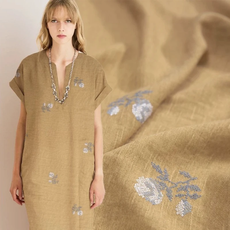 1meter Linen Cross Stitch Floral Fabric Lightweight Breathable Spring Summer for Dress Shirt Vest DIY Sewing Accessories
