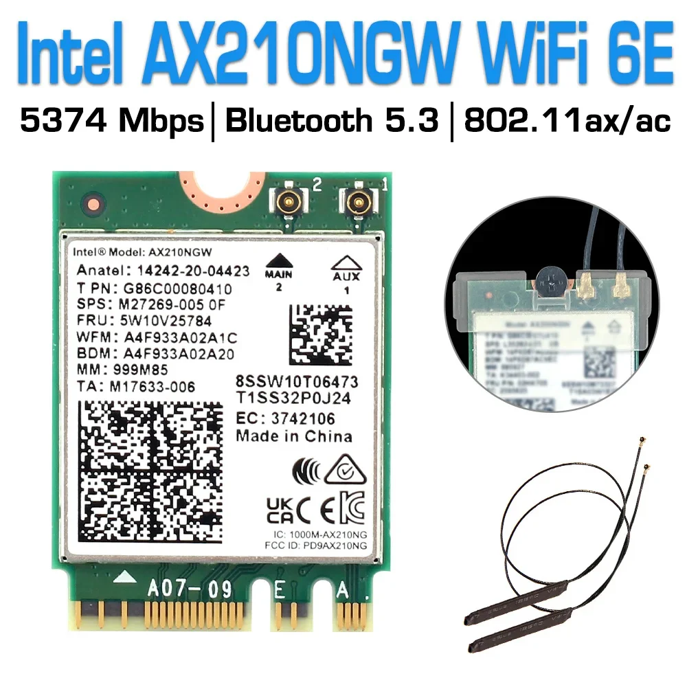 

3000Mbps Wireless card Intel AX210 Wifi 6e M.2 NGFF Bluetooth 5.3 Wifi network card 2.4G/5Ghz 802.11ax WiFi Adapter With antenna