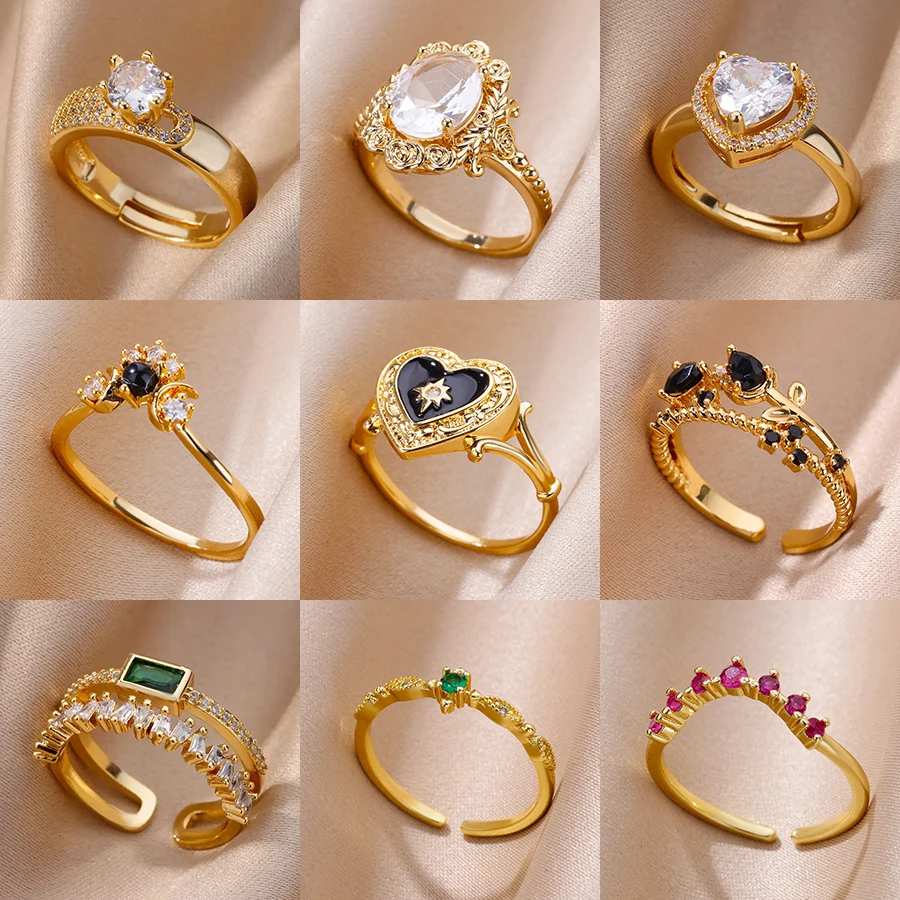 المينا القلب الفولاذ المقاوم للصدأ خواتم للنساء الملونة الزركون افتتاح قابل للتعديل حلقة الأزياء الجمالية مجوهرات الزفاف هدية