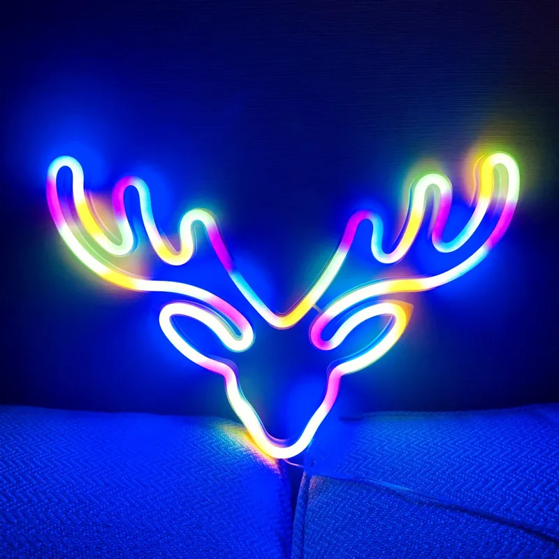 Tiki LED Neon Sign Lights USB/Battery Powered Deer Head Light For Room Wall Decoration Gift Night Light Decoration Party Holiday