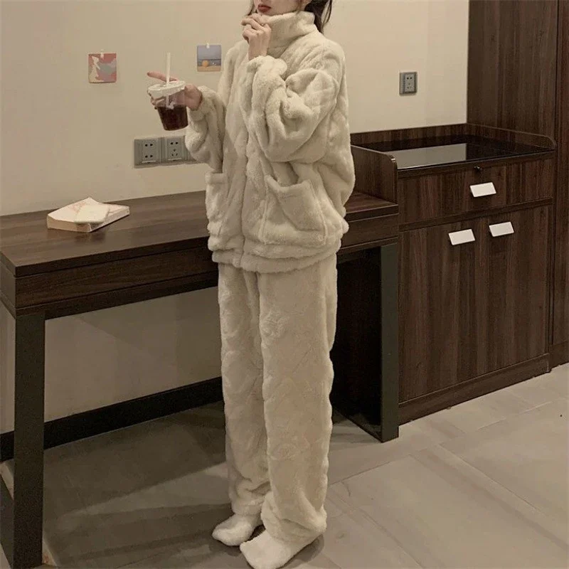 Lady Standing Collar Thickened Loungewear Stylish Solid Colour Pyjamas Pockets Coral Fleece Comfortable Warm Leisure Pajama Sets