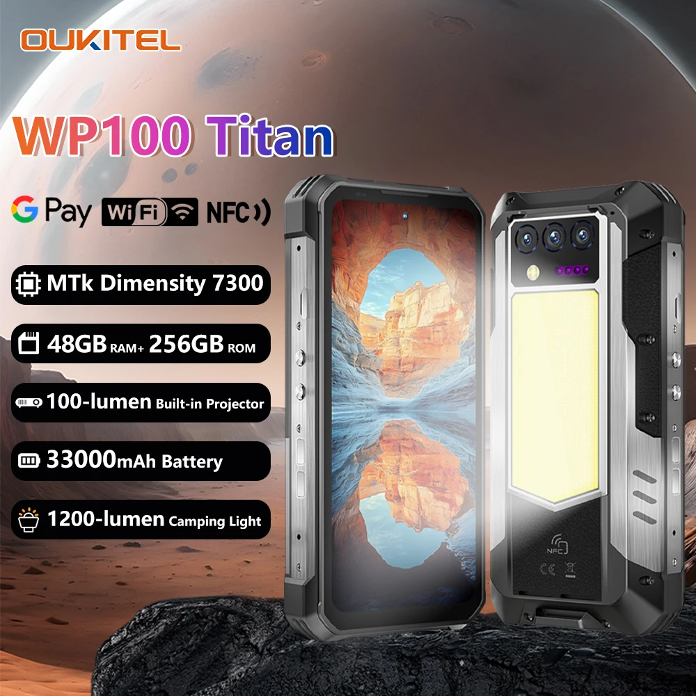 Oukitel WP100 Titan Rugged Phone 33000mAh 66W Charger 200MP Camera Built-in Projector Camping Light CellPhone