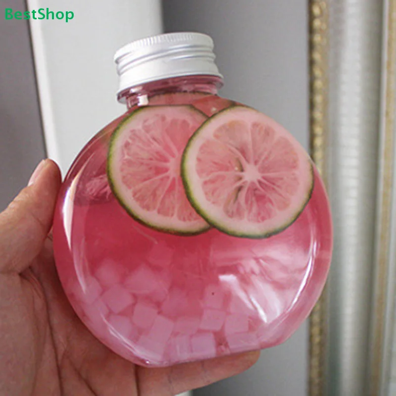 〔R〕300/500ML Cute Flat Round Plastic Bottle Clear Milk Tea Bottle Water Bottle Portable Coffee Drinking Cup Drink Bottle
