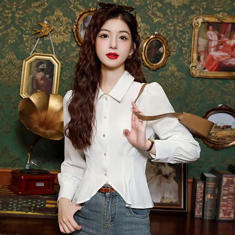 

French White Shirt Long Sleeve 2025 Waist-hugging Autumn New Short Cardigan Top