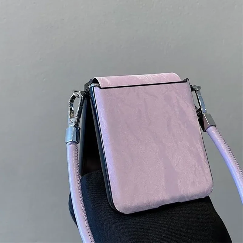 Fashion Leather Flip Case For Samsung Galaxy Z Flip7 6 5 / Xiaomi Mix Flip Cases Purple Snow Leopard Skin Grain With Hand Strap