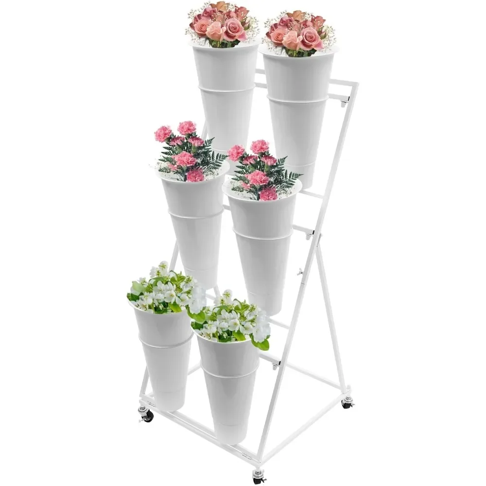 3-tier Moving Flower Display Bucket Stand, Heavy Duty Plant Stand On Wheels Metal Flower Holder (White+White With 6 Buckets)|