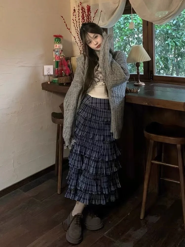 Women's Japanese Mori Girl Blue Plaid Tiered Ruffle Midi Skirt - Layered Flounce Casual Long Skirt, Sweet Daily Spring Autumn