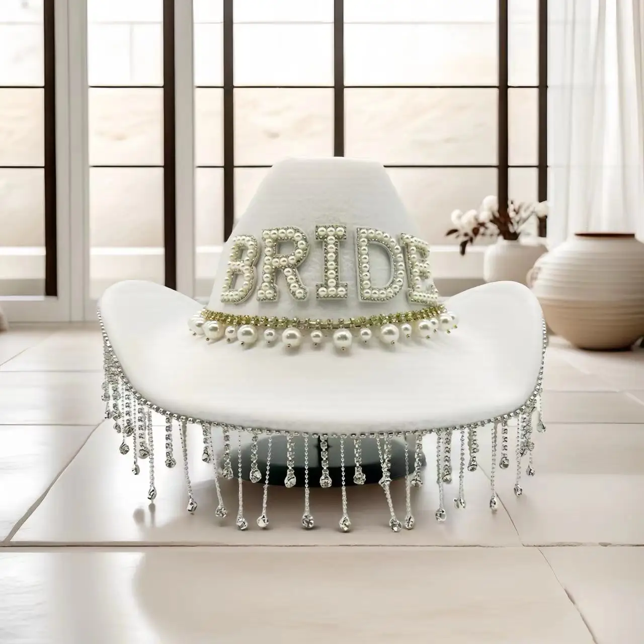 HongLuan Weißer Hochzeitskostümhut für Erwachsene, Cowboyhüte mit Strasssteinen für Damen, Cowboy-Cosplay-Accessoires und Cowgirl-Kappe