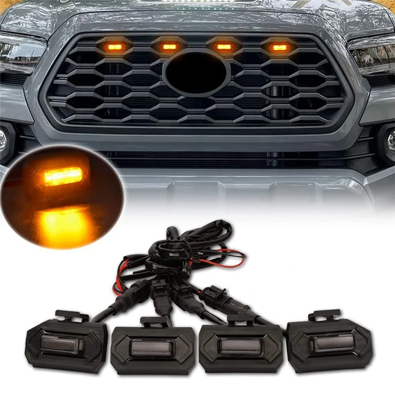 4PCS Car LED Front Grill Lights External Grill Lamp Smoke Amber Light Car Accessories