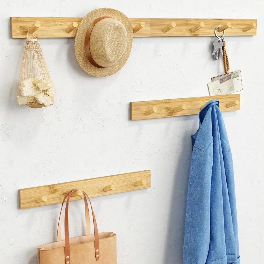 

Natural Wood Coat Rack Wall Mount Set of 4 Wooden Wall Hooks for Bathroom Towels Vertical Coat Hanger for Room Boys Girls Bedro