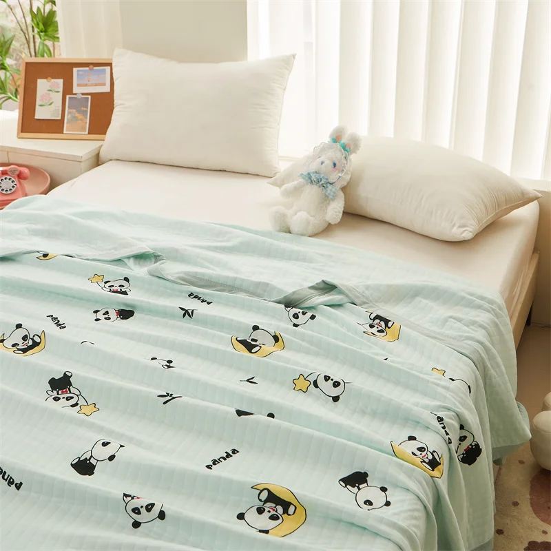 Cartoon Panda Moon Theme Summer Air Conditioning Quilt Fresh Mint Green Cotton Quilt Knitted Striped Soft Breathable Blanket