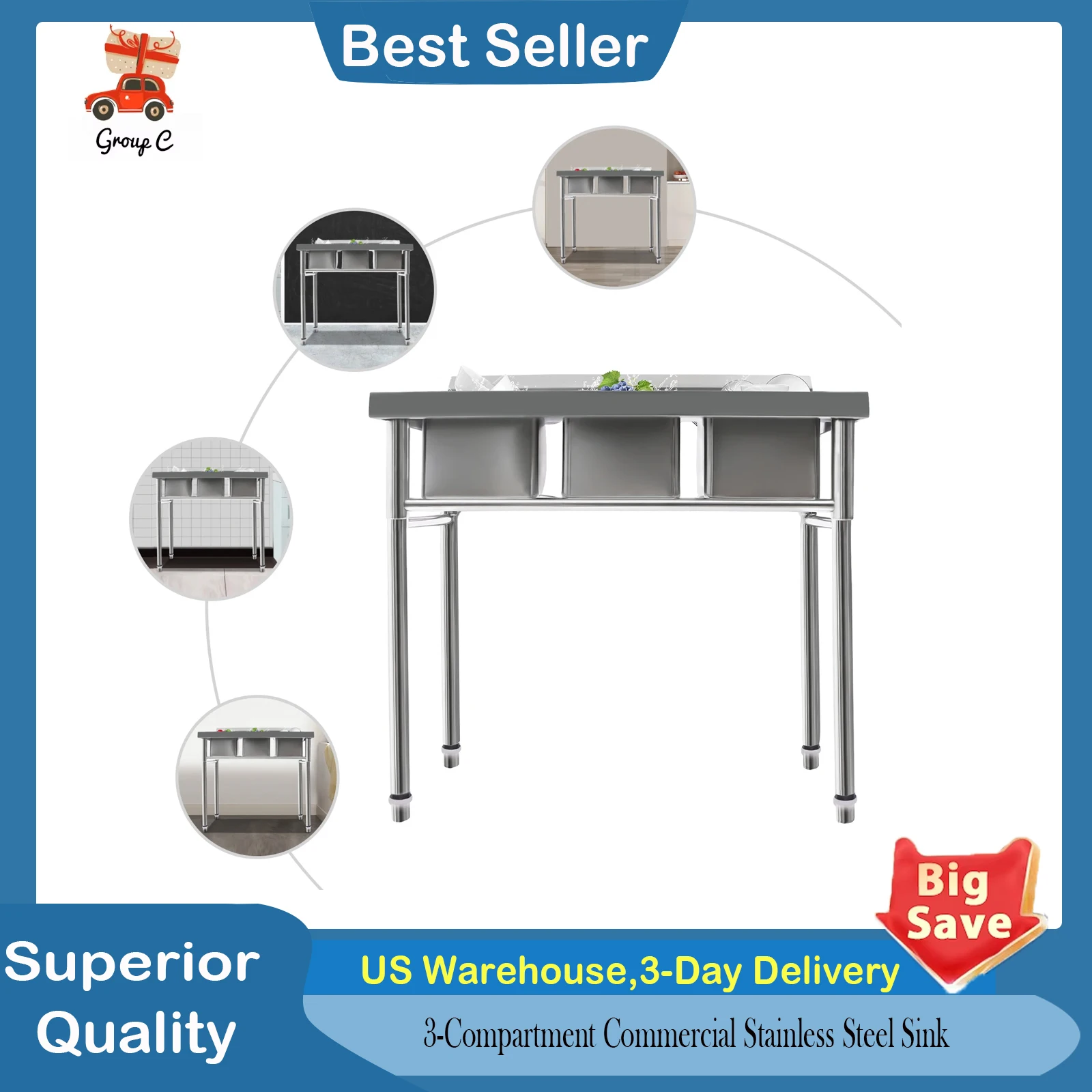 

3-Compartment Commercial Stainless Steel Sink - 304 Grade Utility Sink with Stand, 440LB Capacity for Restaurant/Kitchen/Laundry