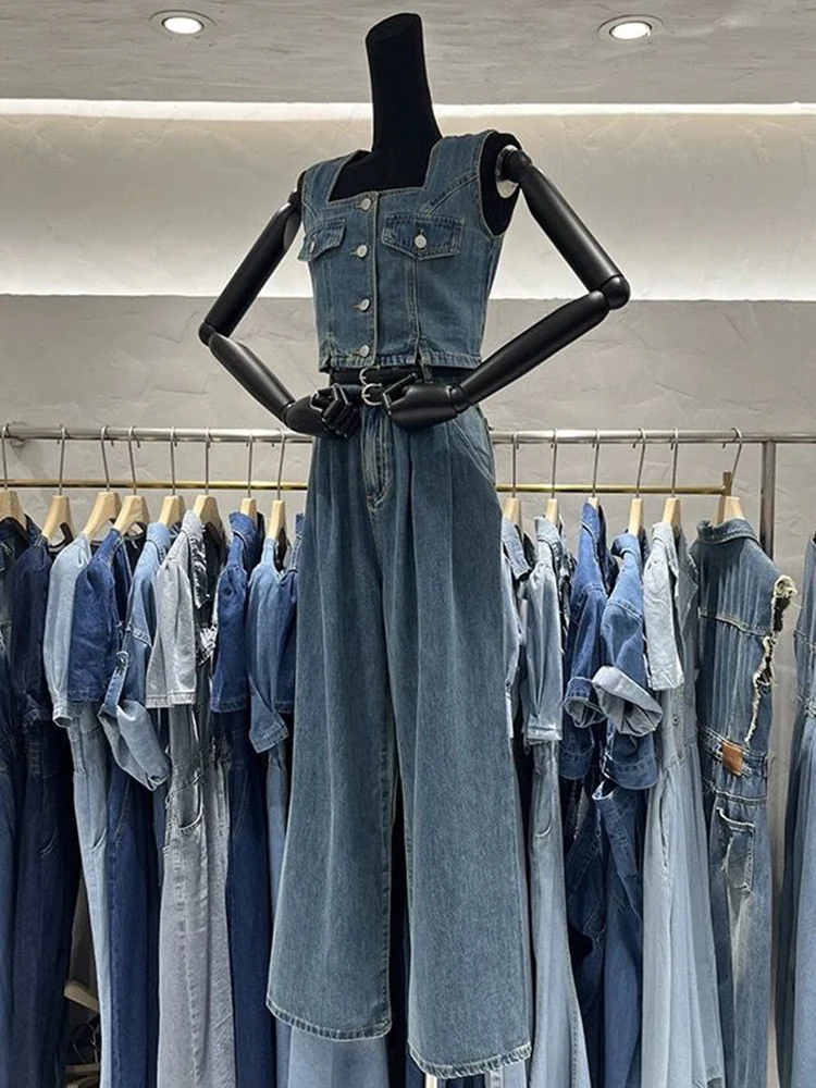 Summer Denim Two Piece Set For Women Sleeveless Tank Top Short Waistcoat Vintage Wide Leg Pants Long Jeans