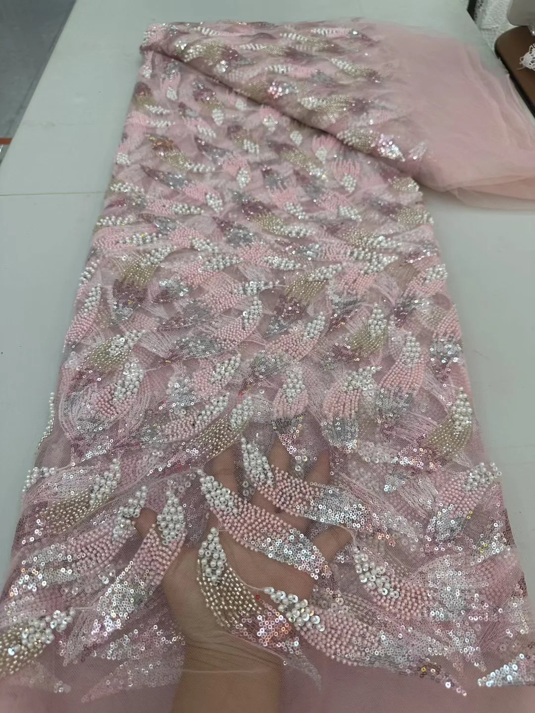 

Nigerian Pink Beaded Lace Fabrics African Lace Fabric 5 Yards High Quality 2026 French Mesh With Sequence For Sewing