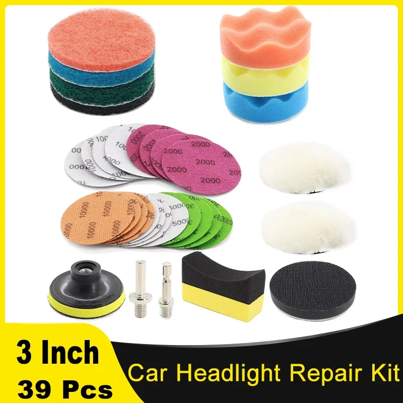 3 Inch Car Headlight Restoration Kit 39 Pcs with Sandpaper Wool Pad Sponge Pad and Tire Sponge for Car Washing Cleaning Waxing