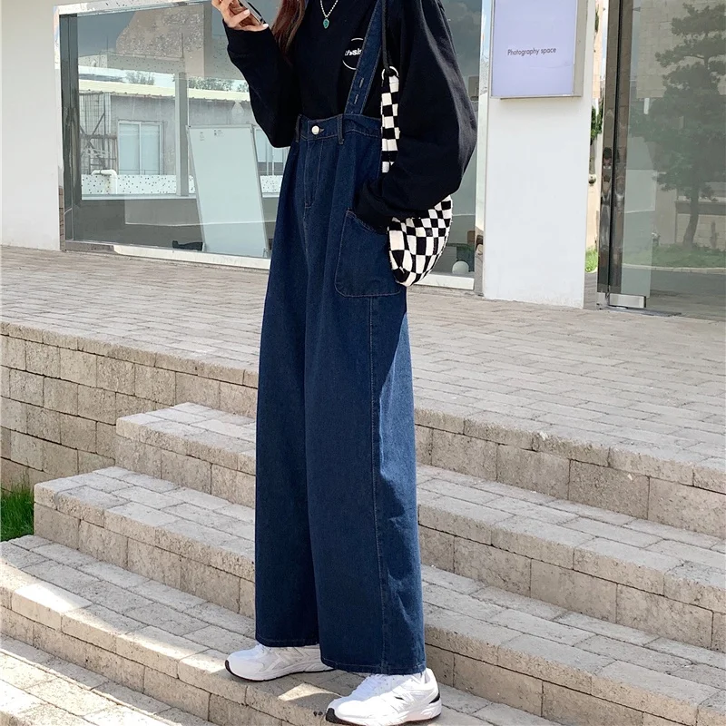 

Trendy Large Size Denim Overalls Women's Spring Autumn Faion High Waist Long Pants Cotton Blend Wide Leg Loose Fit Jumpsuit