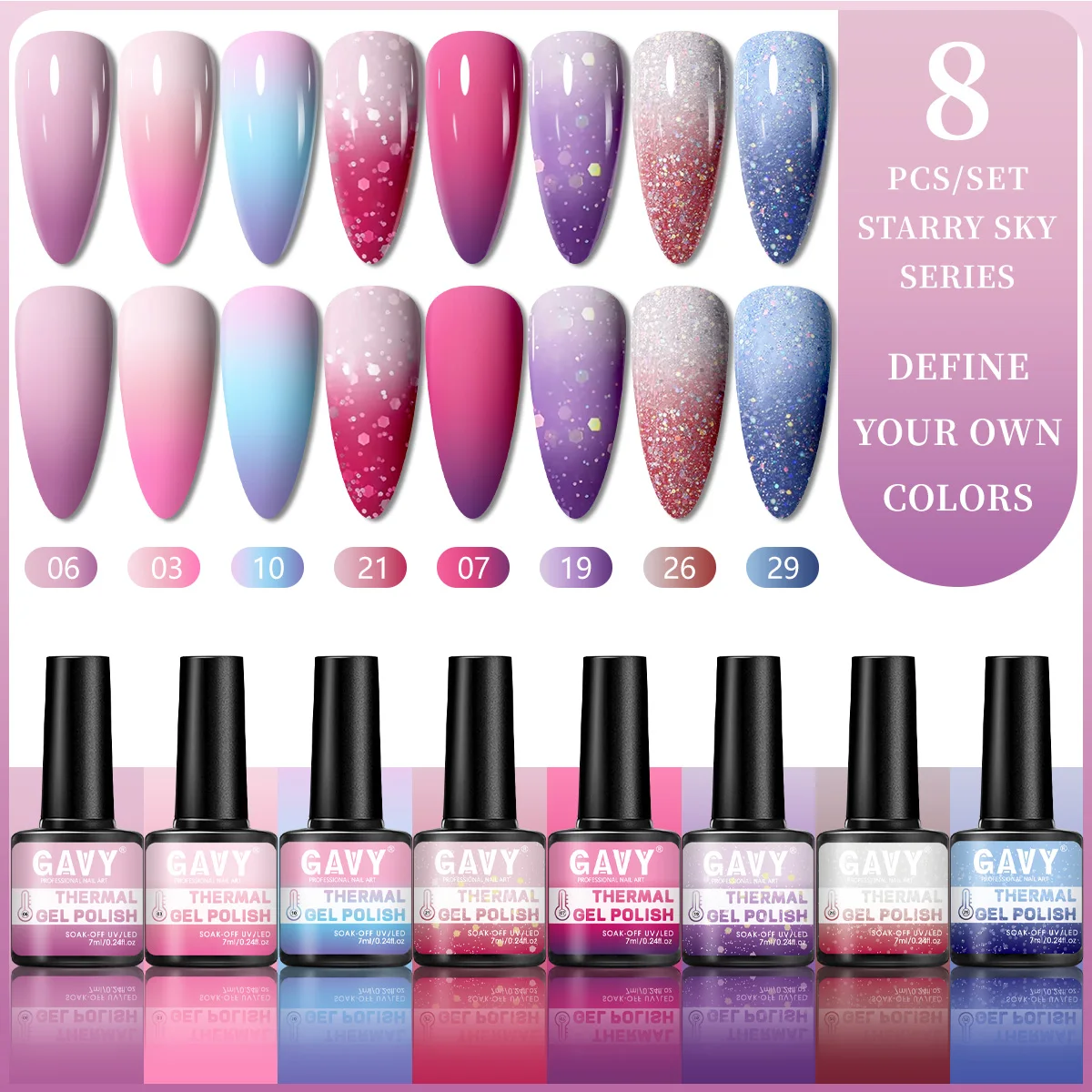 

GAVY 8PCS Gel Nail Polish Set - UV/LED gel, lead-free and odorless, perfect for DIY nail art spring/summer nail art gel varnish