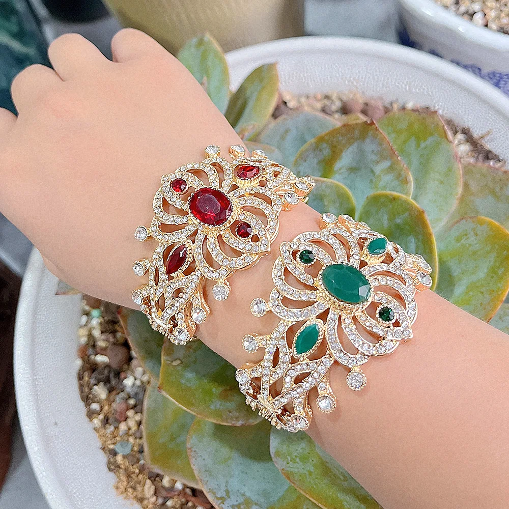 Sunspicems 18K Gold Color Crystal Morocco Cuff Bracelet Bangle Algeria Bride Wedding Jewelry Flower Turkey Arabic Bangle Gift