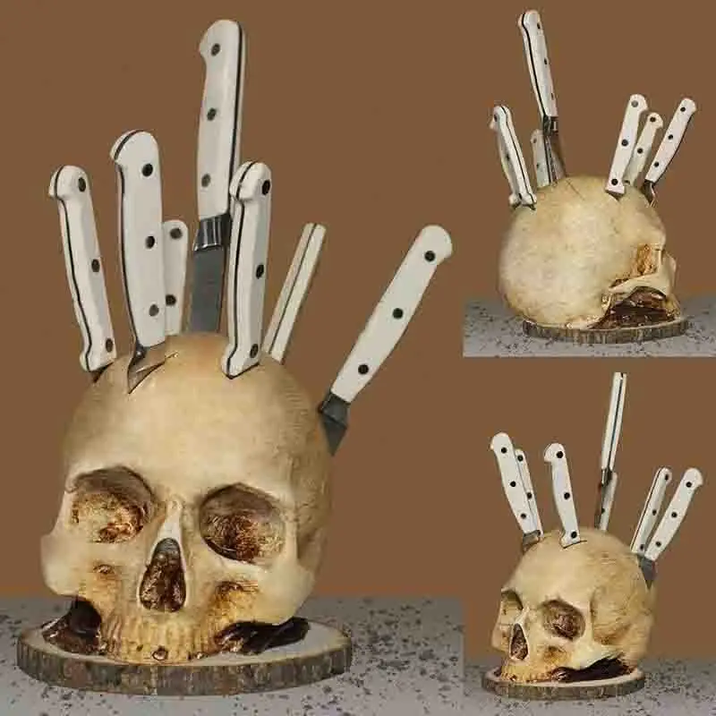 

Skull Knife Holder For Halloween Horror Festivals Party Spooky Decor Gothic Skeleton Kitchen Storage Accessories Without Knives