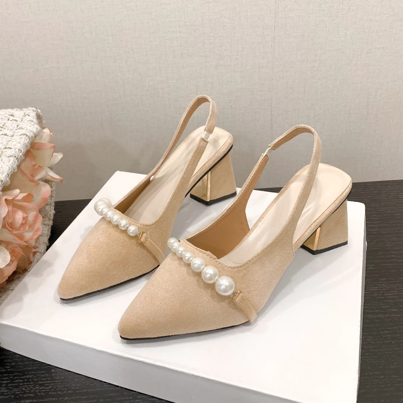 

French-style stunninghigh heels forwomenchunky heelspaired withskirts or qipao, pointed toe, unique design, pearl-covered sandal