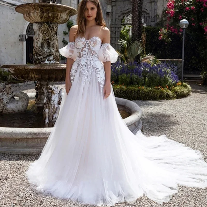 Romantische böhmische Spitze Brautkleid elegant eine Linie Tüll Land garten Brautkleider mit Ärmeln Frauen im Freien Braut