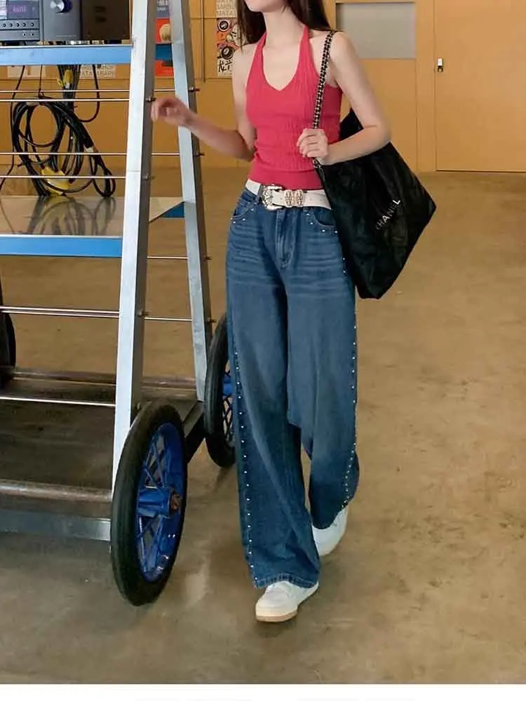 

European style new women's clothing fashionable and versatile simple temperament heavy metal rivet decorated jeans