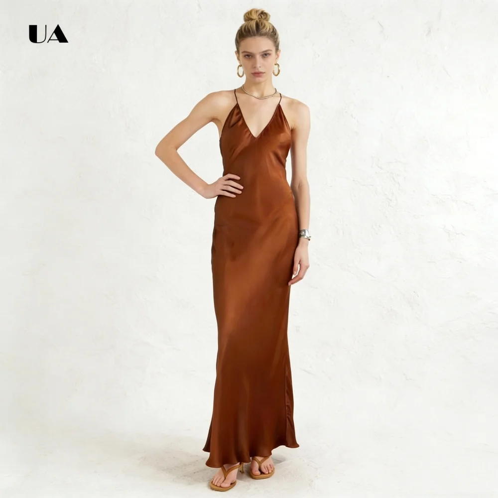 ULBYANRY Satin Straight Prom Dress with Crisscross Straps, Solid Deep V-neck Evening Dress, Sleeveless Customized Party Gown