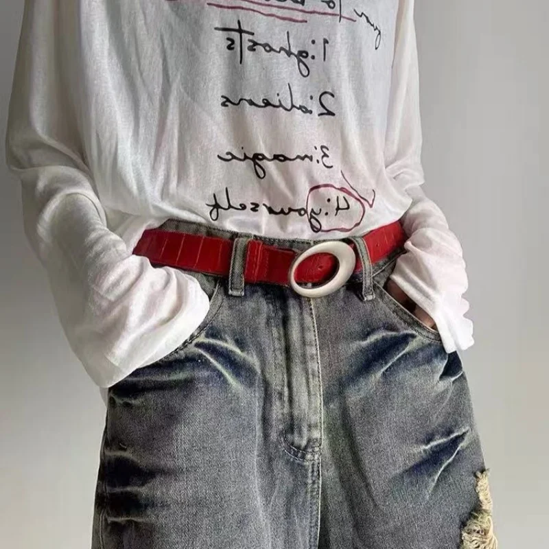 Fashionable high-end belt for women with crocodile pattern decoration, red texture leather belt with skirt and jeans, versatile