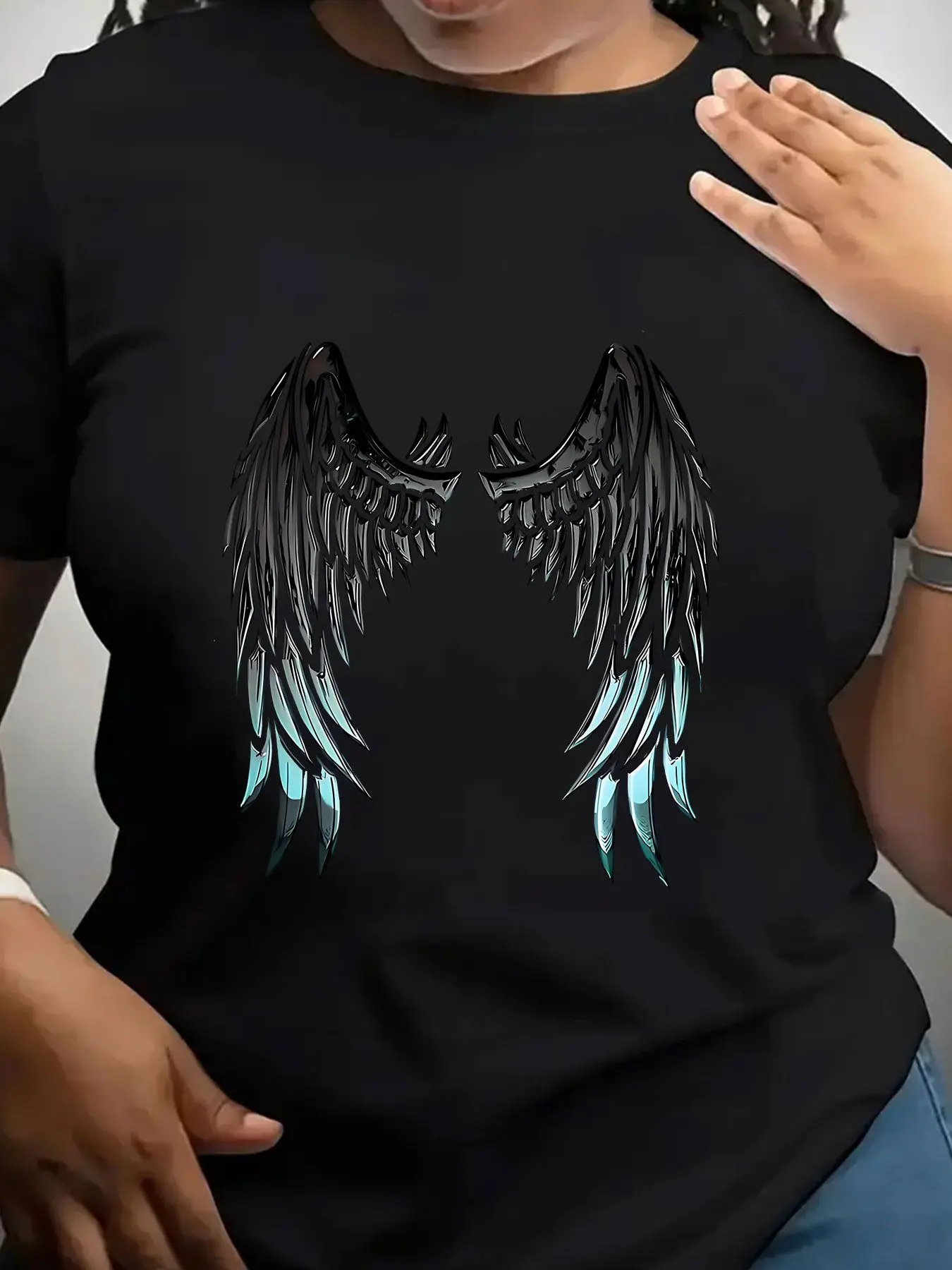 Women's Trendy Crew Neck T-Shirt Black and Blue Angel Wings Suitable for Casual Sportswear