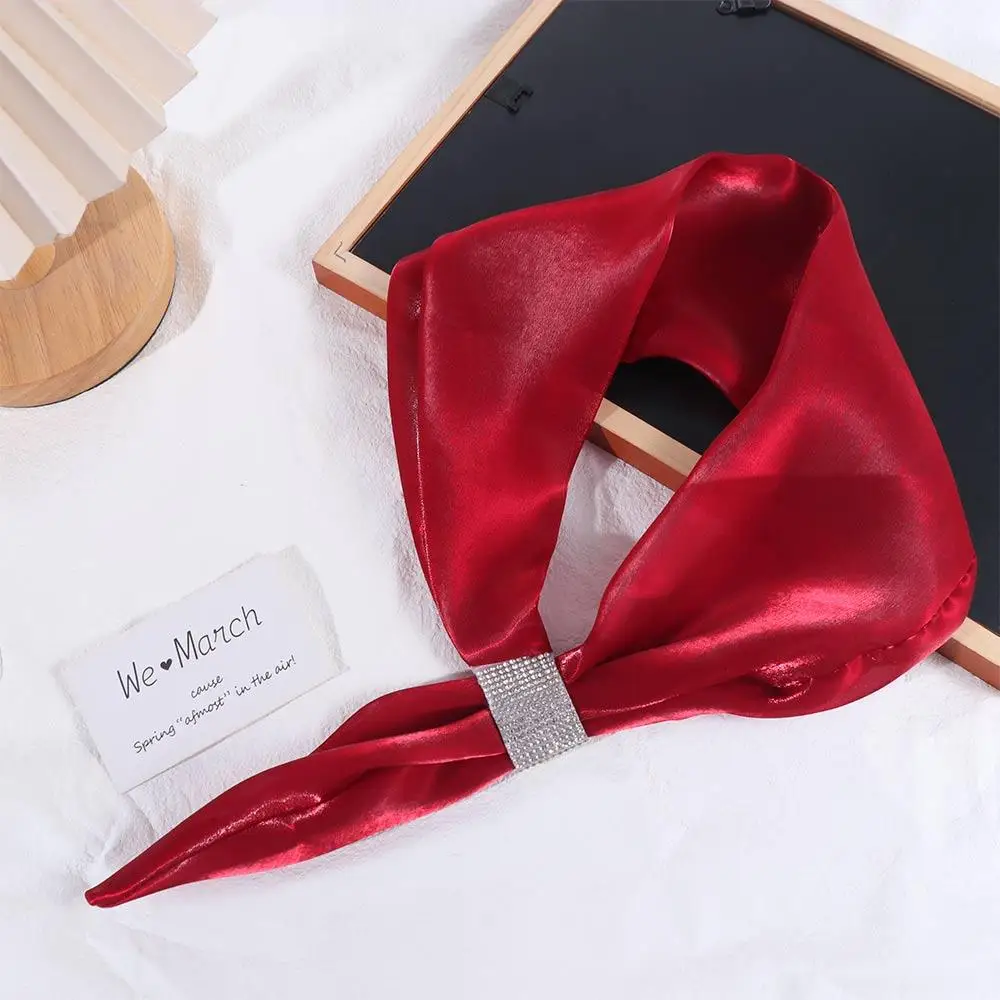 Thin For Women Solid Color Diamond For Girl Imitation silk Wraps Satin False Collar Cross Neckerchief Cross Scarves Silk Scarf