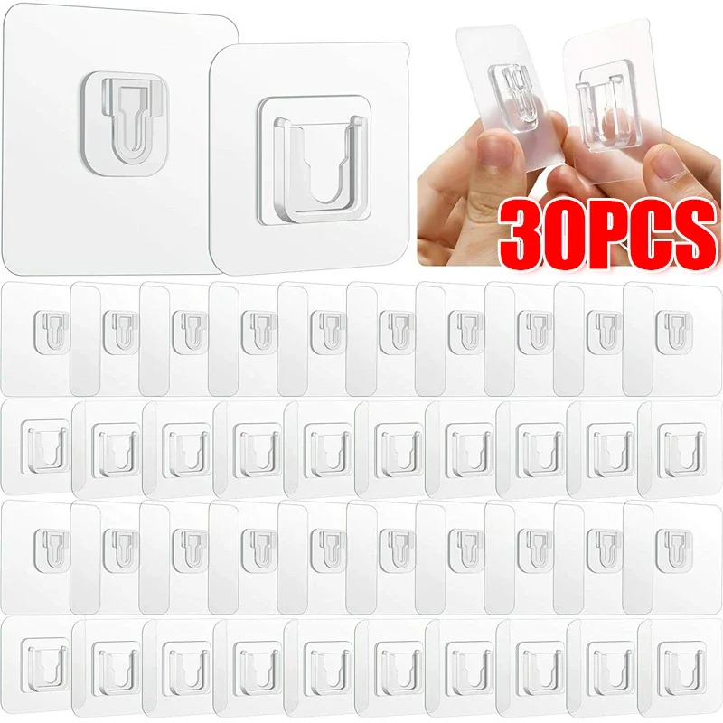 30/2Pcs Double Sided Adhesive Hook Buckle Transparent Wall Mounted Hooks Sucker for Bathroom Kitchen Office Storage Holders