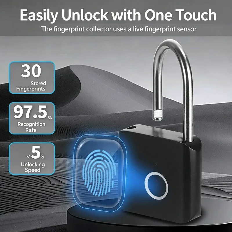 Fingerprint Lock Keyless USB Charging Smart Padlock Door Lock 0.2sec Unlock Portable Anti-theft Padlocks 30 Groups Fingerprints