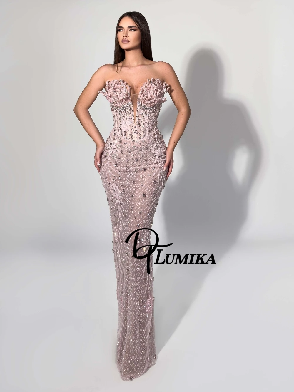 

Unique 3D Coral Strapless Deep V Neck Prom Dress Women's Light Pink Rhinestone Beaded Bodycon Evening Gown Fashionable Wear