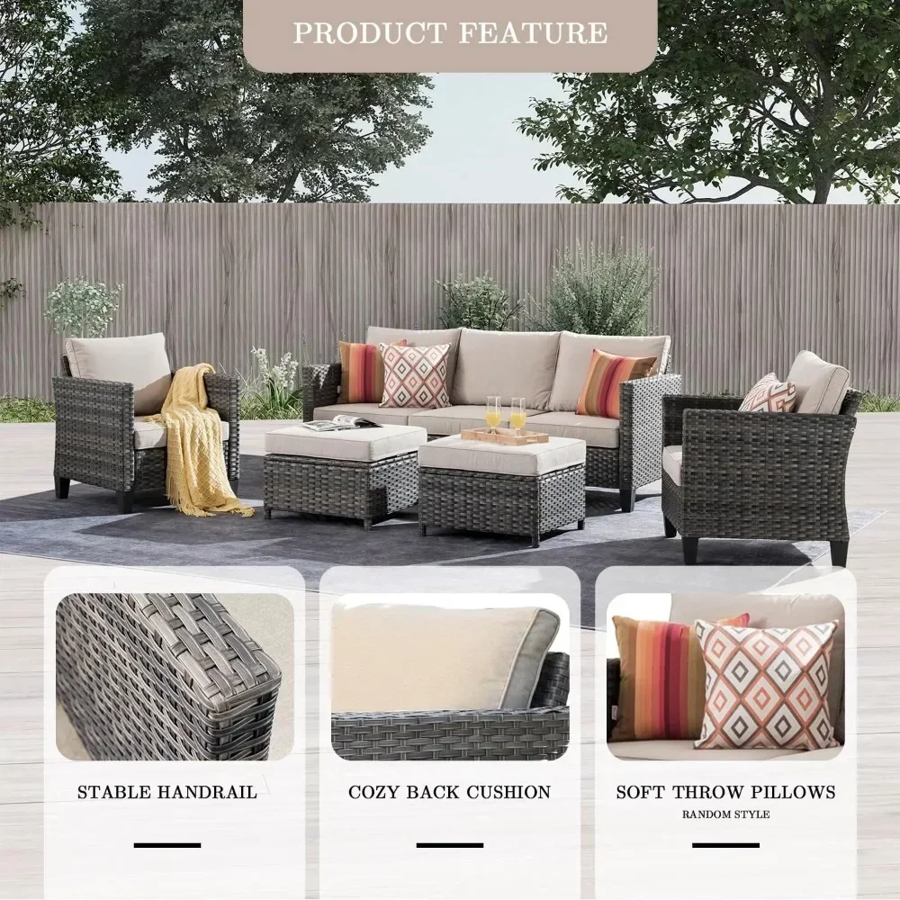 

5 Pieces Outdoor Wicker Rattan Sofa Couch with Chairs, Ottomans and Comfy Cushions, Garden Backyard Patio Furniture Set