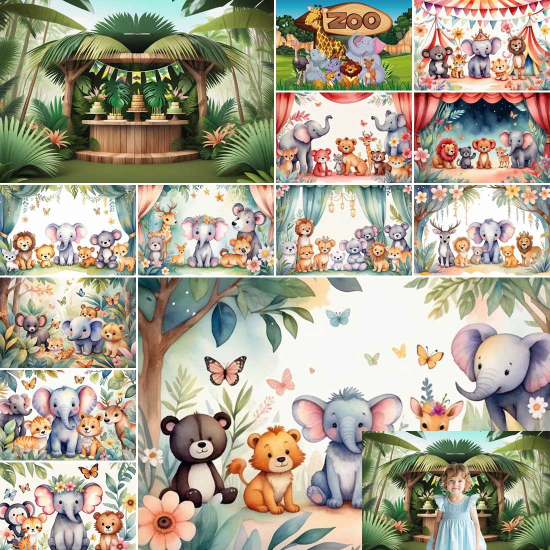 

MOON.QG Jungle Tropical Safari Birthday Backdrop Woodland Animals Cake Smash Girl Baby Boy Photo Background Elephant Zoo Decor