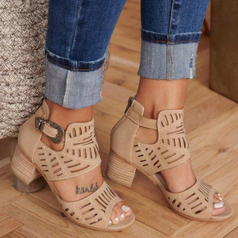 Summer Sandals for Women Shoes Retro Frosted Leather Fish Mouth Hollow Belt Buckle Shoe Casual Thick High Heel Sandalias Size 43