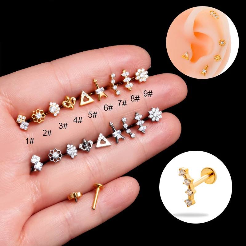 1PC G23 Titanium Internally Threaded Labret Stud Flower CZ Cluster Climber Cartilage Earring Tragus Helix Ear Piercing Jewelry