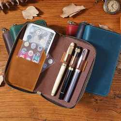 Three Pack Crazy Horse Cowhide Zipper Pen Case Pen Case Large Capacity Card Storage Bag Stationery Case