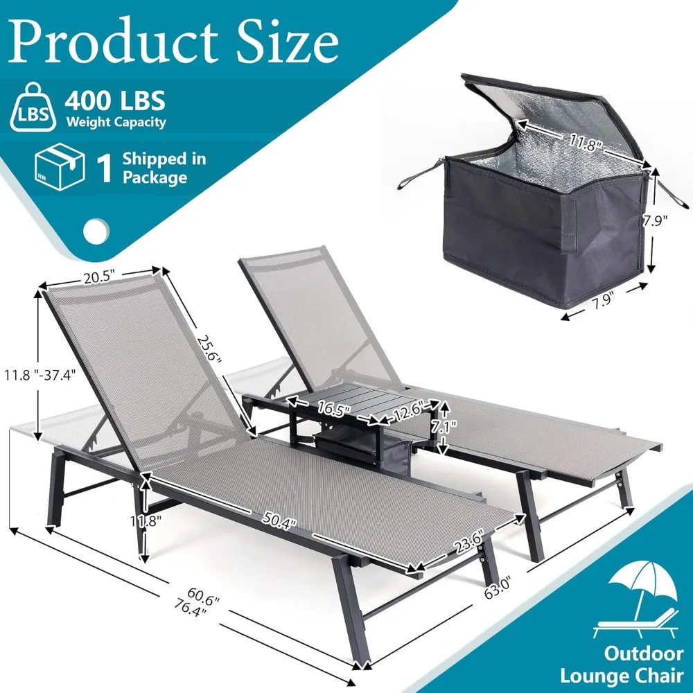 Aluminum 3-Piece Outdoor Lounge Chair Set with Poolside Chaise Chairs, Side Table, and Insulated Cooler Bag
